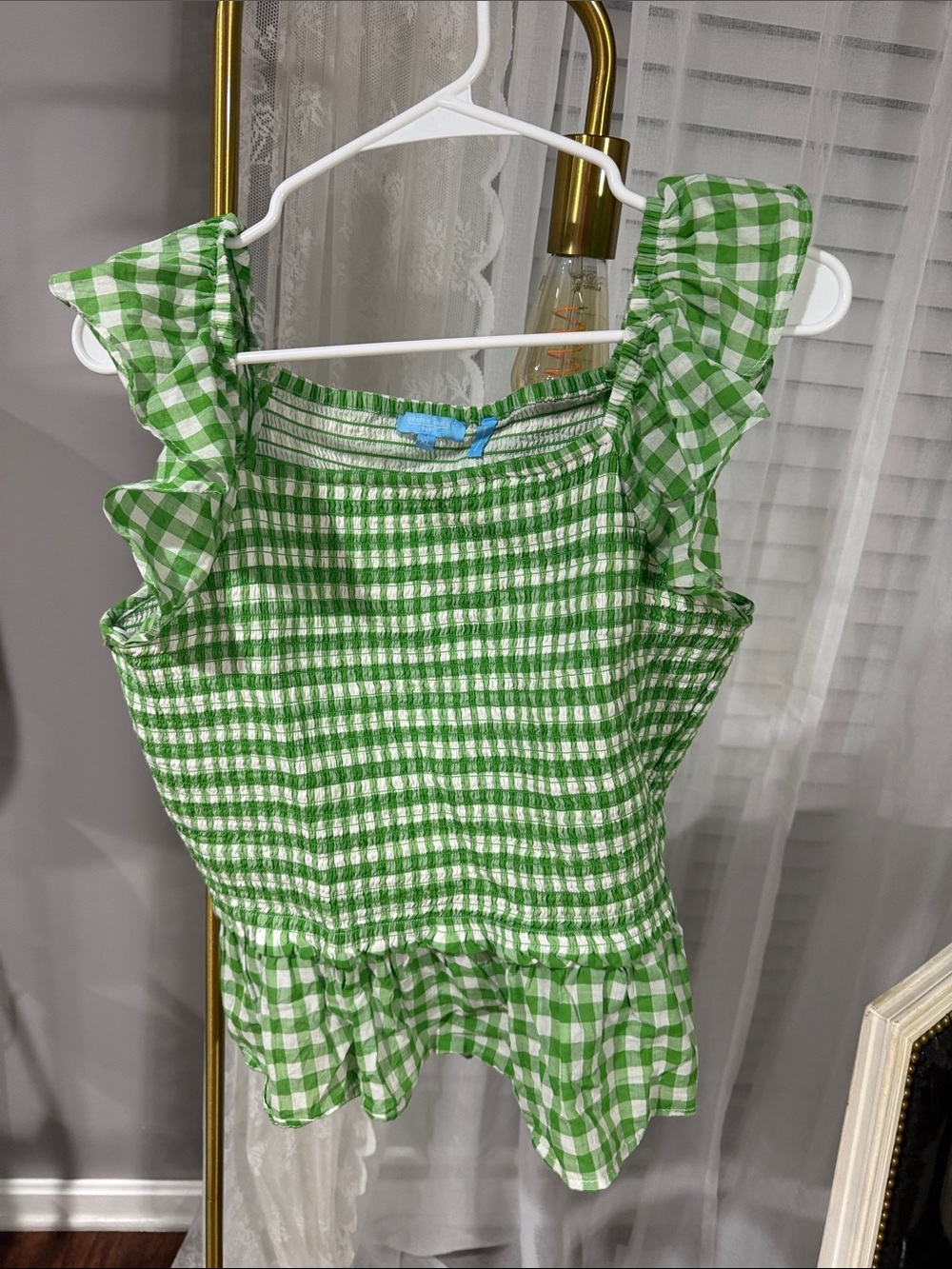 Draper James Green Gingham Ruffle Strap Tank